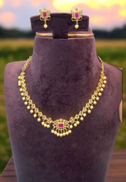 Beautiful short necklace with pink stone and pearls hangings -pairing with beautiful earrings